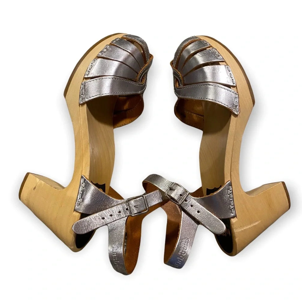 Swedish Hasbeens Silver Leather Clog Sandals